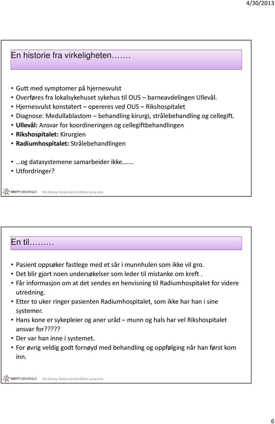 Ullevål: Ansvar for koordineringen og cellegiftbehandlingen Rikshospitalet: Kirurgien Radiumhospitalet: Strålebehandlingen og datasystemene samarbeider ikke. Utfordringer?