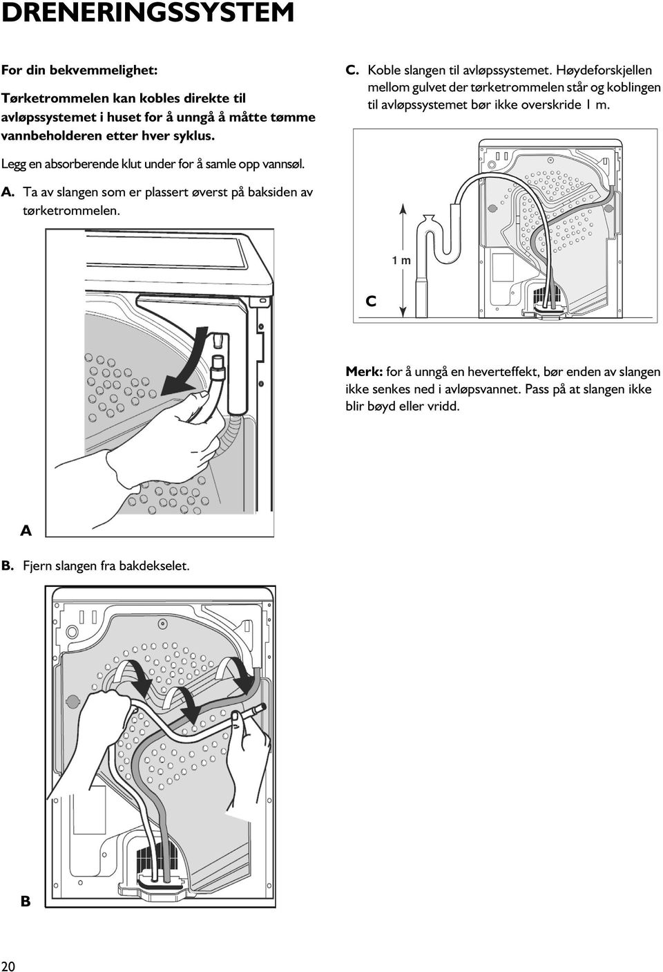 Høydeforskjellen mellom gulvet der tørketrommelen står og koblingen til avløpssystemet bør ikke overskride 1 m.