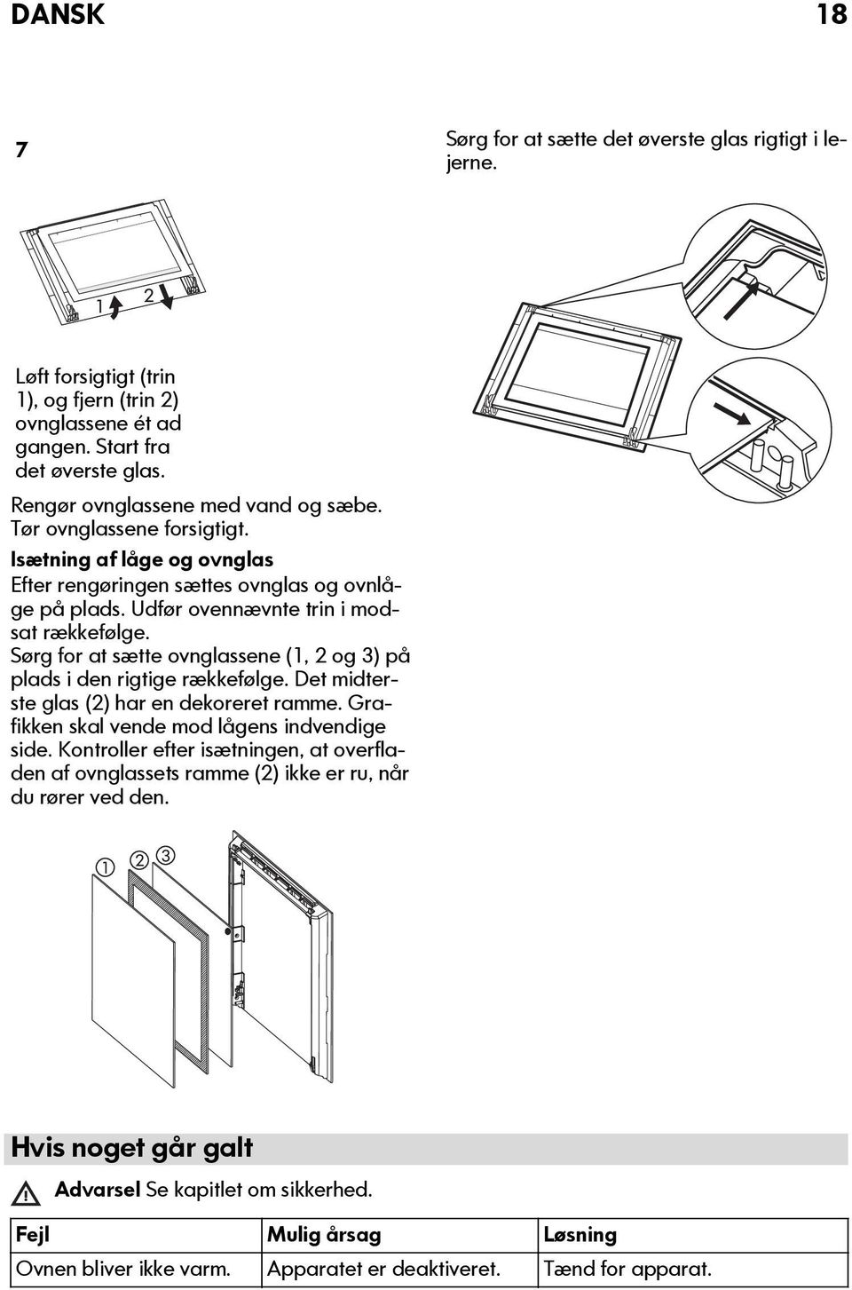 Sørg for at sætte ovnglassene (1, 2 og 3) på plads i den rigtige rækkefølge. Det midterste glas (2) har en dekoreret ramme. Grafikken skal vende mod lågens indvendige side.