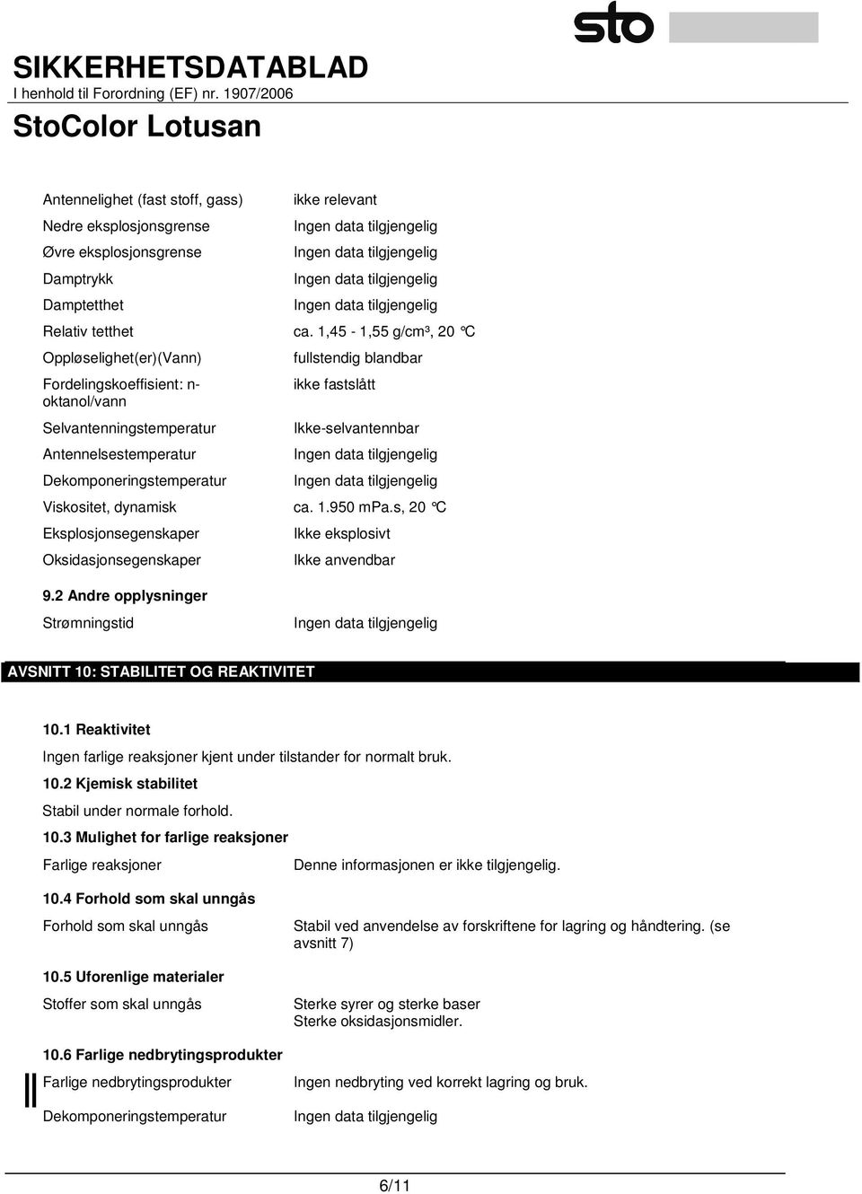 Ikke-selvantennbar Viskositet, dynamisk ca. 1.950 mpa.s, 20 C Eksplosjonsegenskaper Oksidasjonsegenskaper Ikke eksplosivt Ikke anvendbar 9.