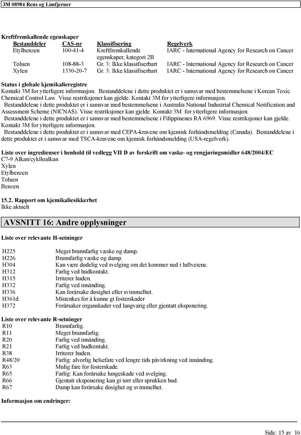 3: Ikke klassifiserbart IARC - International Agency for Research on Cancer Status i globale kjemikalieregistre Kontakt 3M for ytterligere informasjon.