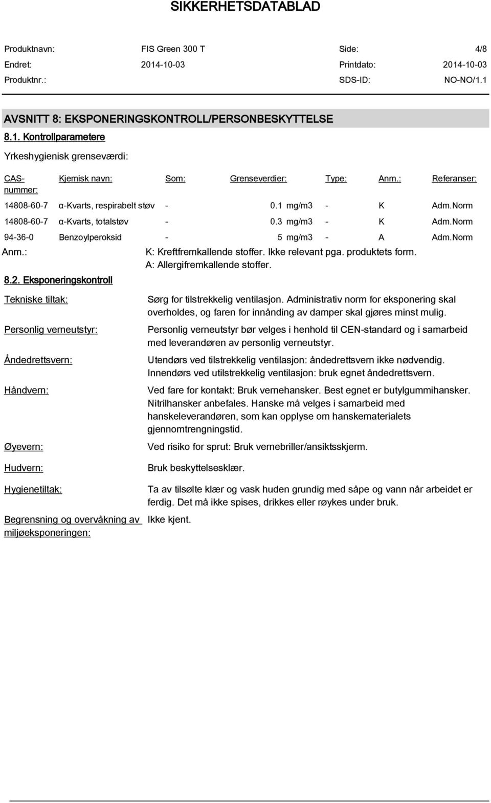 Eksponeringskontroll K: Kreftfremkallende stoffer. Ikke relevant pga. produktets form. A: Allergifremkallende stoffer.