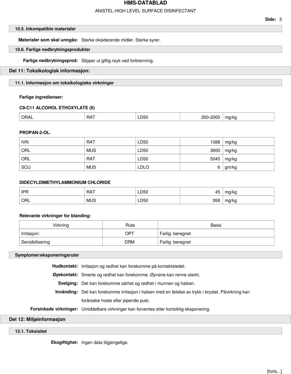 : Toksikologisk informasjon: 11.1. Informasjon om toksikologiske virkninger Farlige ingredienser: C9-C11 ALCOHOL ETHOXYLATE (6) ORAL RAT LD50 200-2000 mg/kg PROPAN-2-OL.