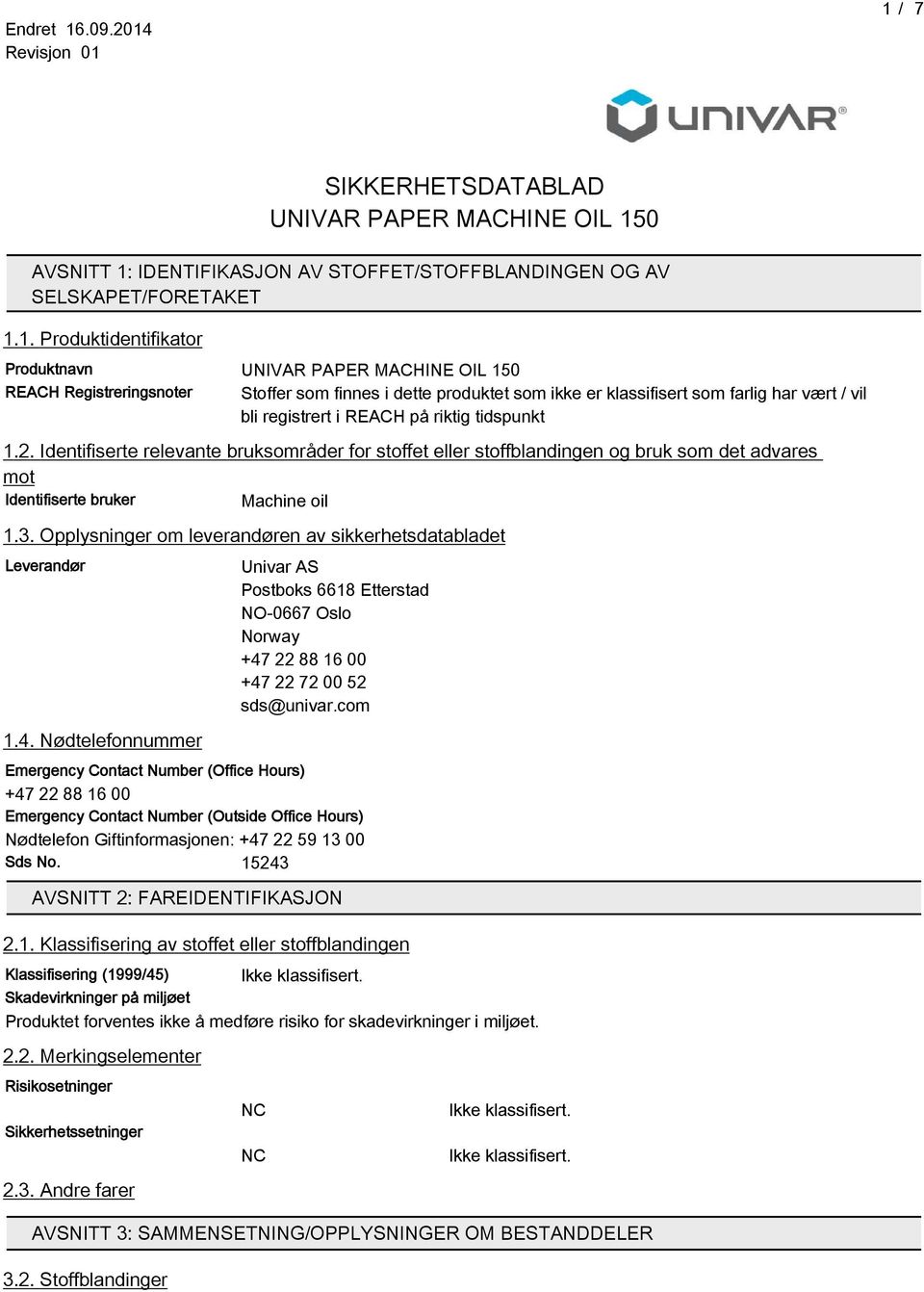 Opplysninger om leverandøren av sikkerhetsdatabladet Leverandør 1. 4. Nødtelefonnummer Univar AS Postboks 6618 Etterstad NO-066 Oslo Norway +4 22 88 16 00 +4 22 2 00 52 sds@univar.