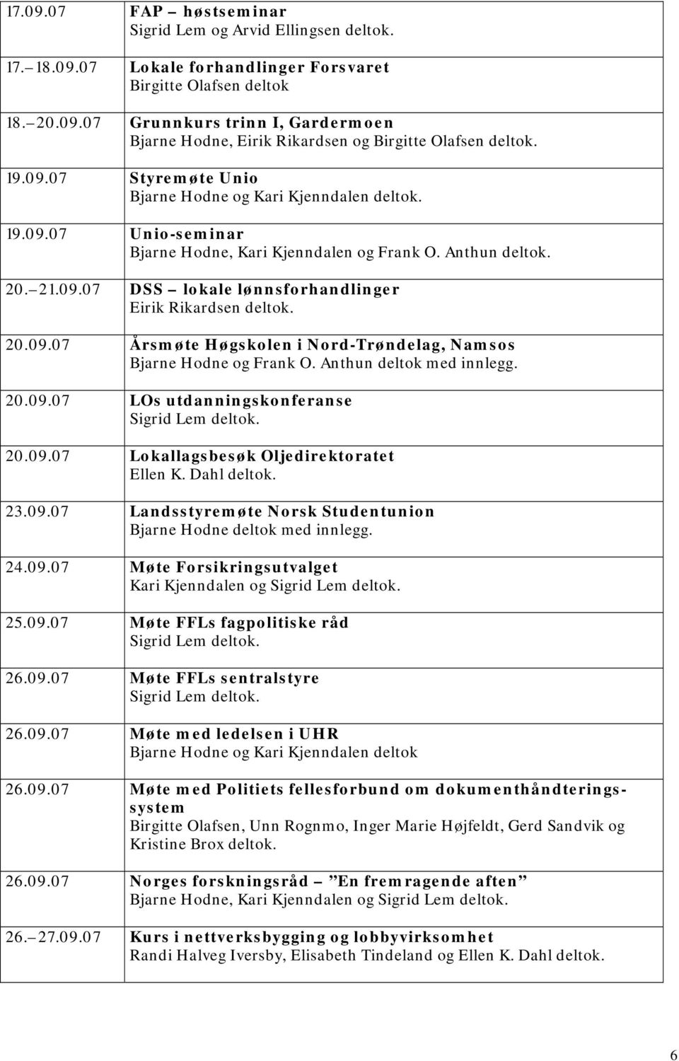 Anthun deltok med innlegg. 20.09.07 LOs utdanningskonferanse 20.09.07 Lokallagsbesøk Oljedirektoratet Ellen K. Dahl deltok. 23.09.07 Landsstyremøte Norsk Studentunion Bjarne Hodne deltok med innlegg.