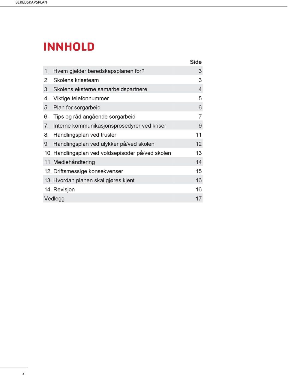 Interne kommunikasjonsprosedyrer ved kriser 9 8. Handlingsplan ved trusler 11 9. Handlingsplan ved ulykker på/ved skolen 12 10.