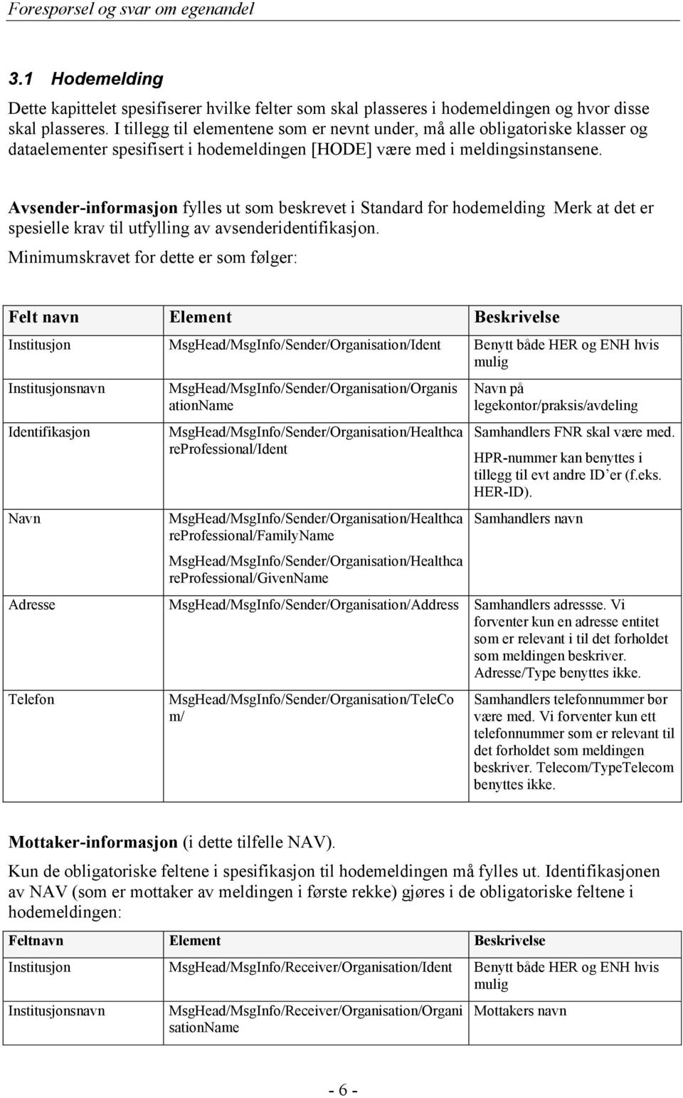 Avsender-informasjon fylles ut som beskrevet i Standard for hodemelding Merk at det er spesielle krav til utfylling av avsenderidentifikasjon.