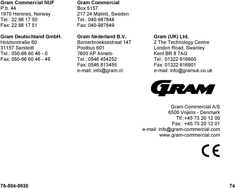 : 050-66 60 46-0 Fax: 050-66 60 46-49 Bornerbroeksestraat 147 ostbus 601 7600 A Almelo Tel.: 0546 454252 Fax: 0546 813455 e-mail: info@gram.