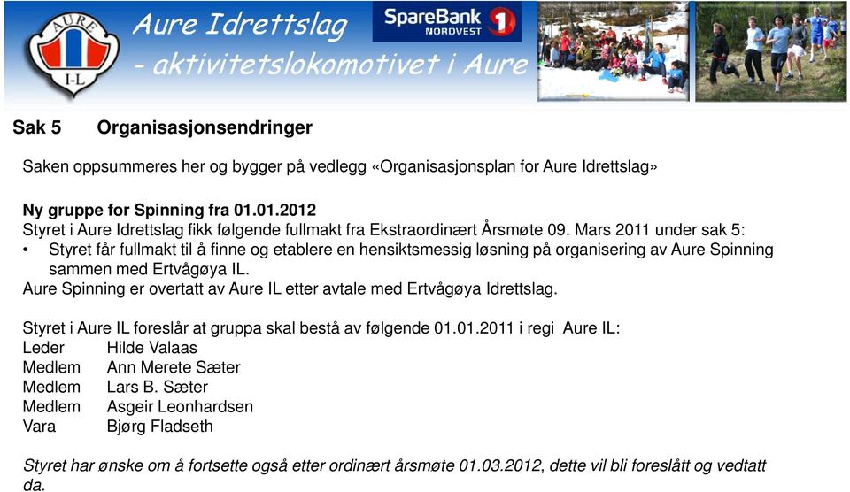 Mars 2011 under sak 5: Styret får fullmakt til å finne og etablere en hensiktsmessig løsning på organisering av Aure Spinning sammen med Ertvågøya IL.