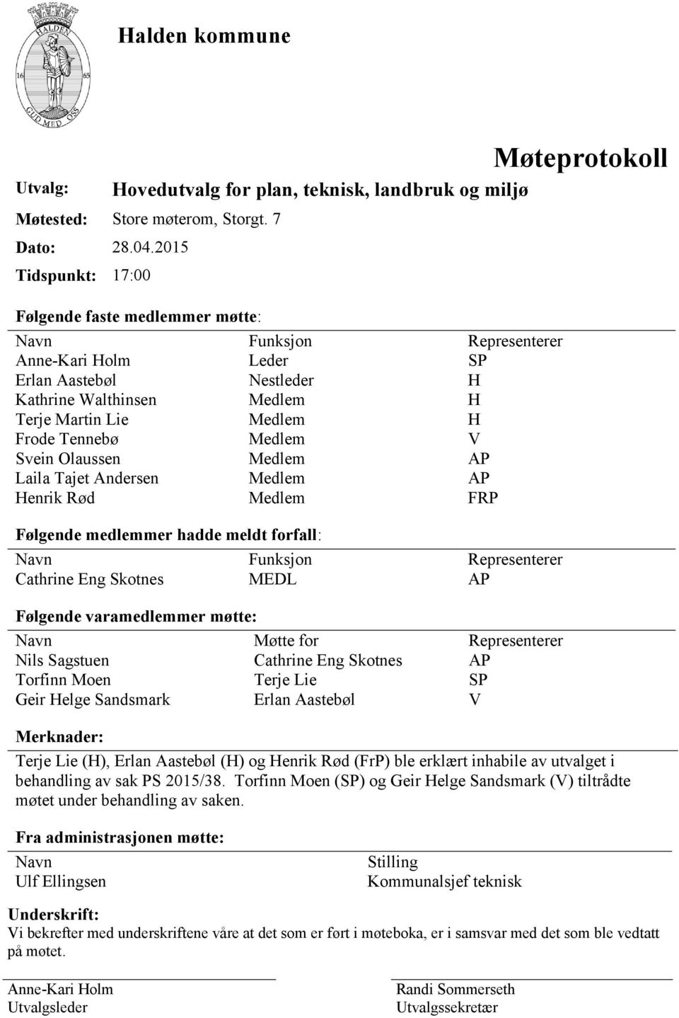 Tennebø Medlem V Svein Olaussen Medlem AP Laila Tajet Andersen Medlem AP Henrik Rød Medlem FRP Følgende medlemmer hadde meldt forfall: Navn Funksjon Representerer Cathrine Eng Skotnes MEDL AP