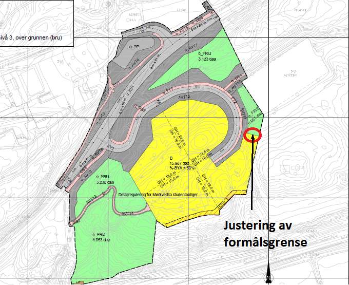 Illustrasjonen viser området hvor en har justert formålsgrensen mellom friområdet og areal avsatt til byggeformål. Innarbeiding av vei og gang- og sykkelvei iht.