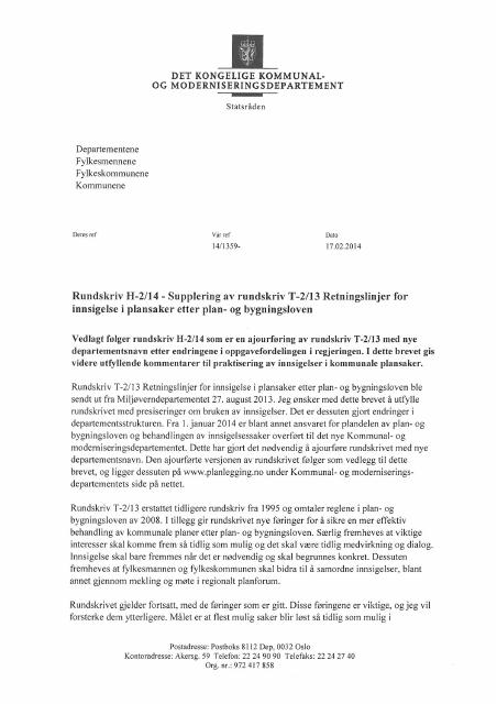 Innsigelsesrundskrivet Rundskriv H-2/14 Gir føringer for effektiv behandling av kommunale planer