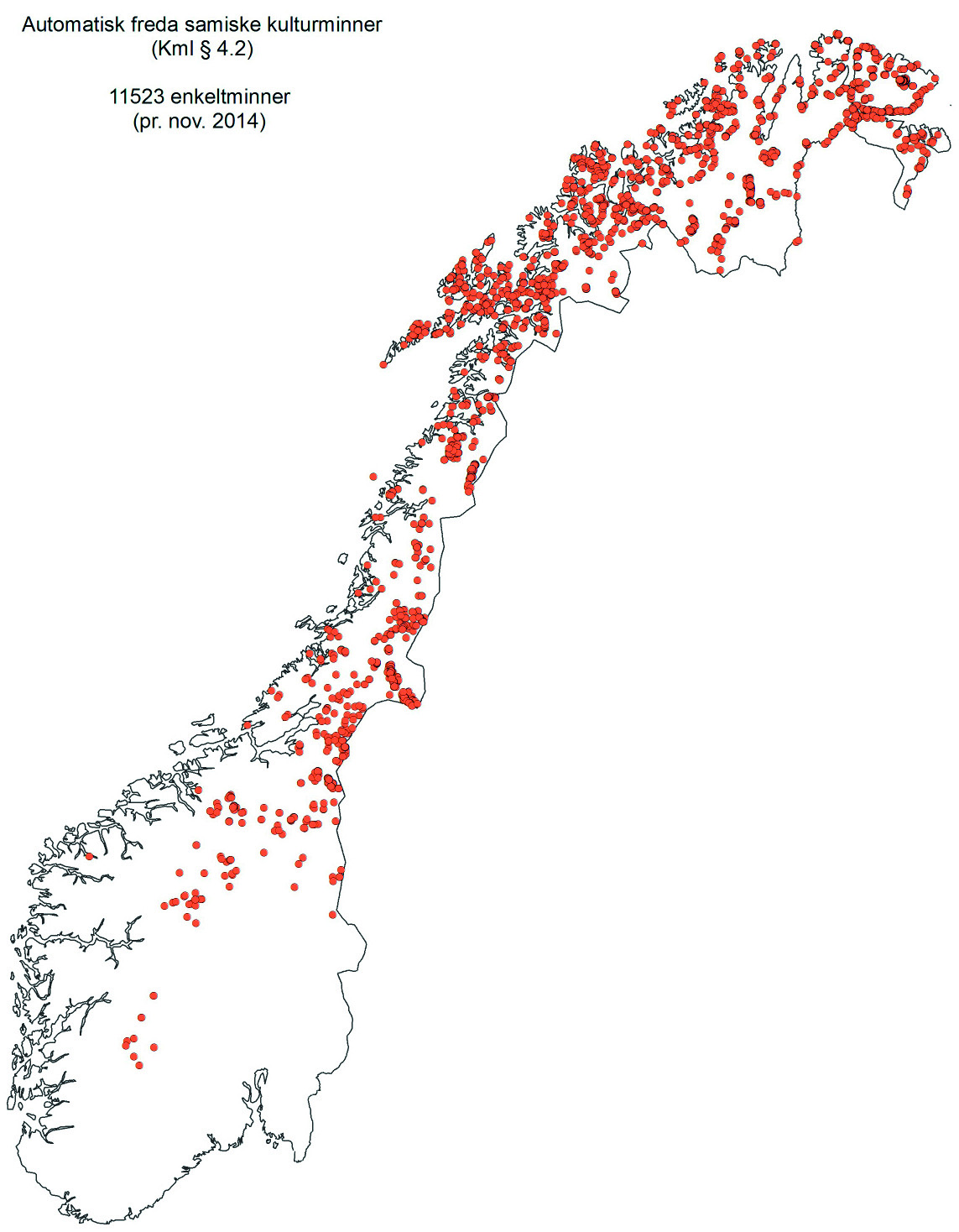 2015 2016 Meld. St. 5 45 Figur 1.35 Kartet viser kartfestede automatisk fredete samiske kulturminner i Norge per november 2014.