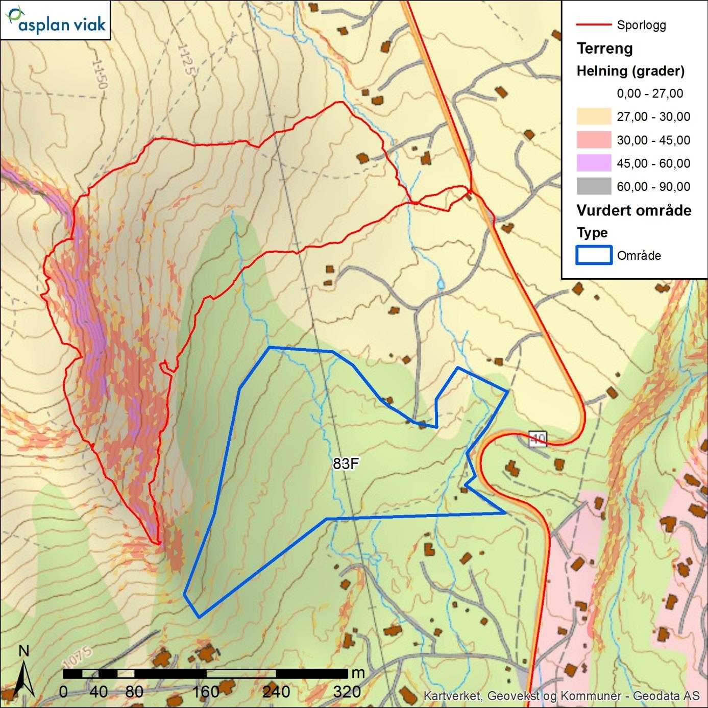Skredfarevurdering område 15, 83F, 11B 32 7 OMRÅDE 83F Området ligger sørøst for Djupegrønuten (1206 m o.h.) og strekker seg fra rundt kote 1080 i vest til rundt kote 1040 i sørøst (Figur 15).