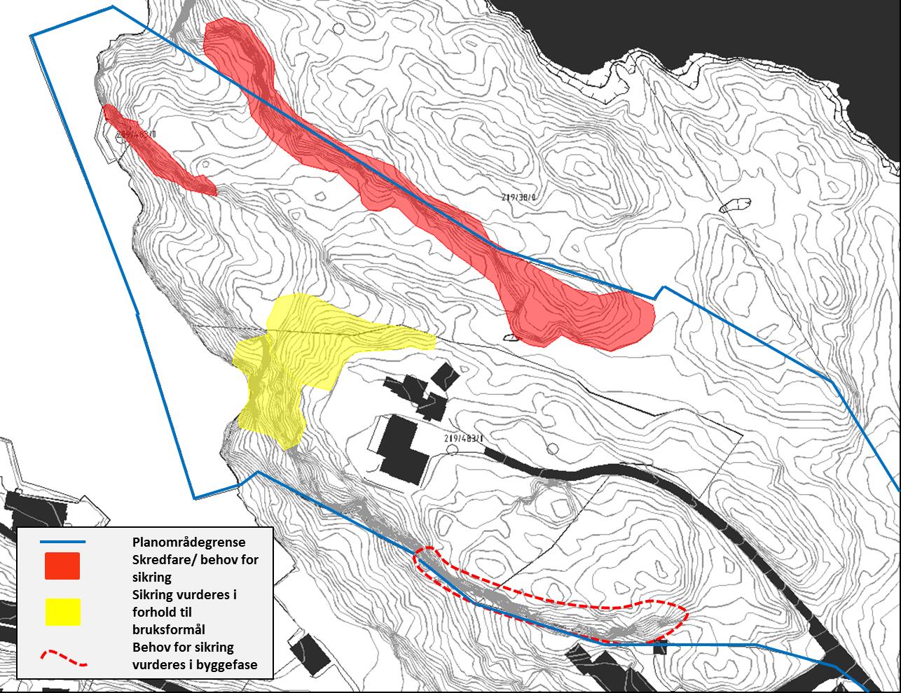 Områder med potensiell steinsprangfare og som dermed medfører behov for sikringstiltak er markert med rød farge i figur 2.