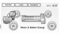 Instrumenter og betjeningselementer 81 En melding kan vises nede til venstre på skjermen for å signalisere at det har oppstått brudd i forsyningen av vekselstrøm på bilens ladekontakt.