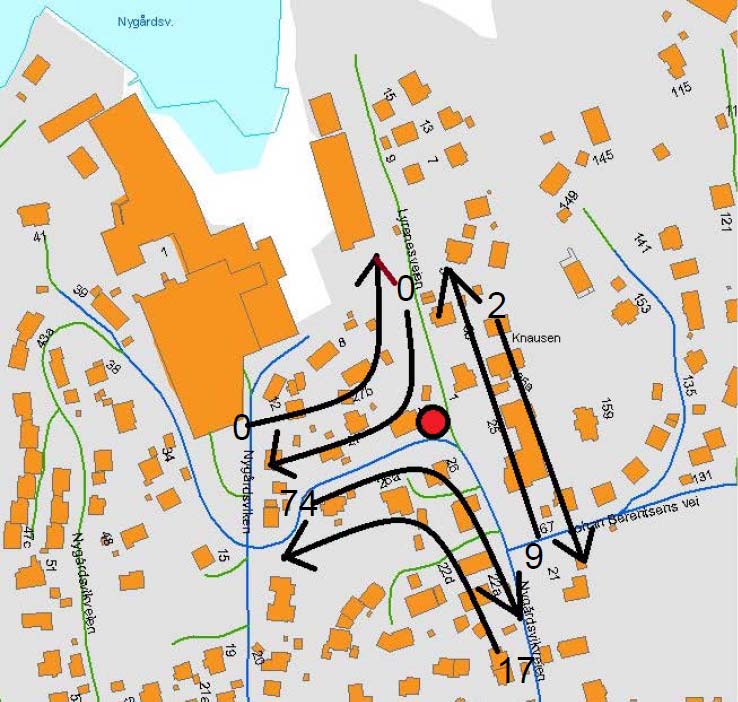 Figur 6. Turproduksjon for bil og, største time for ettermiddagstrafikk kl. 6: 7: i tellepunkt, rød sirkel (Opus Bergen AS).