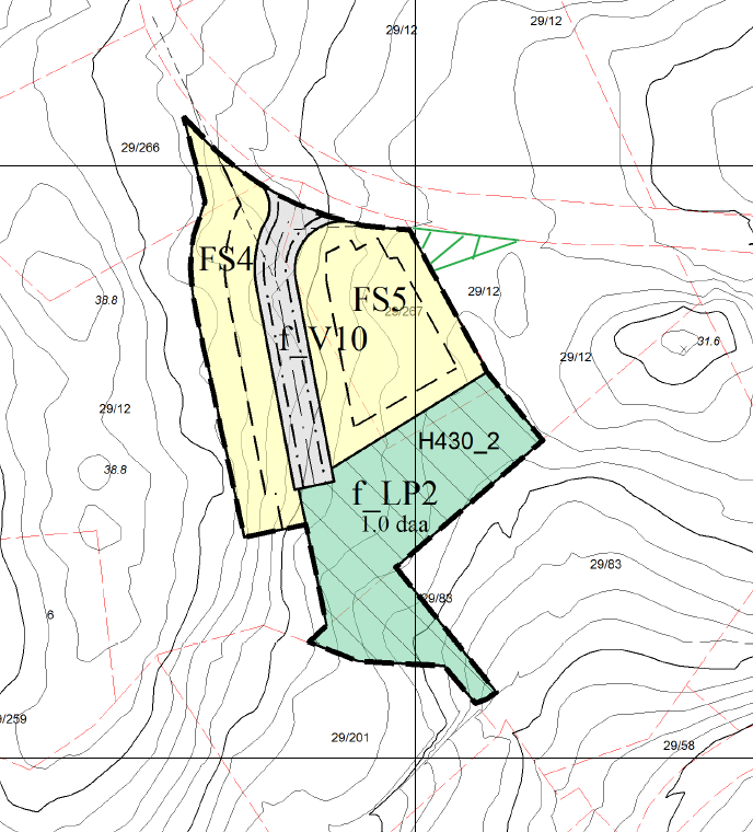 Kartutsnitt som viser tiltakshavar sitt ønske Kommentar: Gnr. 29, bnr. 267 har i dag tilkomst over gnr. 29, bnr.12. Ideelt sett burde eigedommen ha tilkomst via f_v10.
