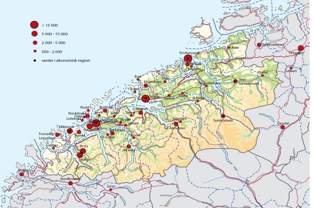 Stadig fleire bur i tettstadar Nærare 70 % av innbyggjarane i Møre og Romsdal bur i ein av fylkets 87 tettstader Dette er færre enn i Noreg (80 %) 1 av 2 som bur i tettstad, bur anten i Ålesund,