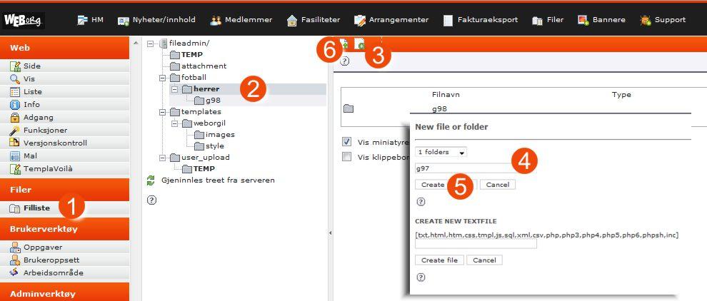 Opprette brukere med rettigheter Filtilgang Først må du lage et mountpoint for filer 1. Klikk på Filliste i menyen til venstre 2. Klikk på nivået over der du ønsker å lage en mappe 3.