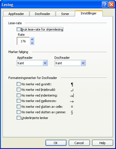 Kapittel 4 Funksjonalitet i Skjermleser 195 Innstillinger fane Den