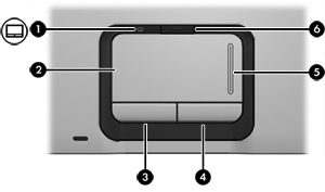 1 Styrepute Illustrasjonen og tabellen nedenfor beskriver styreputen. Komponent Beskrivelse (1) Styreputelampe Blå: TouchPad er aktivert. Gul: TouchPad er deaktivert.