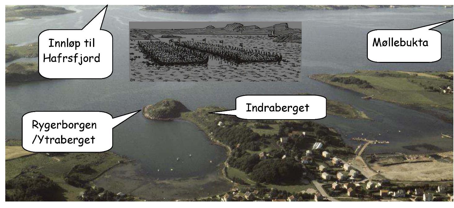 8. Oversikt over Hafrsfjord i 872 Ytraberget med Rygerborgen øverst Hafrsfjord år 872.