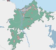 Tettstedet Trondheim (grønt), med sentrumsområder (grått). Fig. 5.1 Per 01.