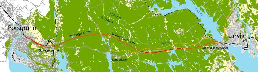 Farriseidet Porsgrunn Total lengde på dobbeltsporet som skal bygges: 23,5 km 7 tunneler på tilsammen 14,5 km Reisetiden Larvik Porsgrunn går ned fra 36