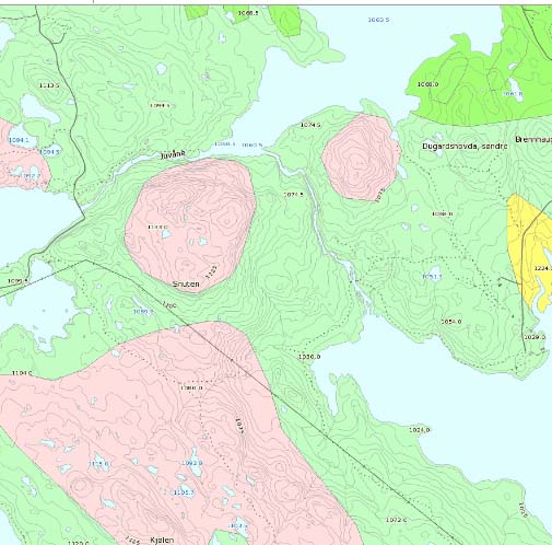 Figur 5.2 Løsmassekart for prosjektområdet (kilde: NGU). Tegnforklaring: - Rosa: snaufjell - Lys grønn: tynn morene - Gulgrønn (i nordøstre hjørne): tykk morene - Gul: elveavsetning 5.