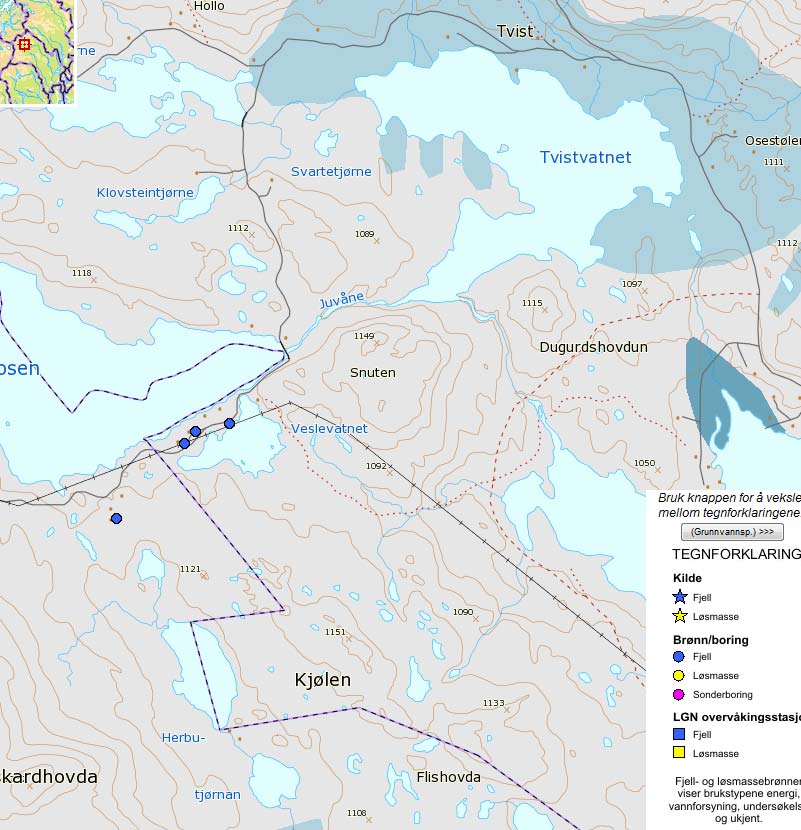 Figur 8.7 viser et kartutsnitt fra NGU over grunnvann; brønner og potensial Figur 8.7 Grunnvannsforekomster, Kilde: NGU/GRENADA 8.