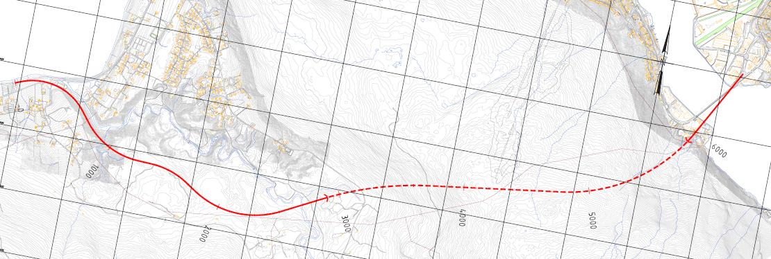 3.3 ALTERNATIV 2 På de første 700 m ligger vegen tilnærmet i samme trasé som alternativ 1. Deretter trekkes traséen noe sørover, noe som gir større skjæring i skrenten sør for Håkvikelva.