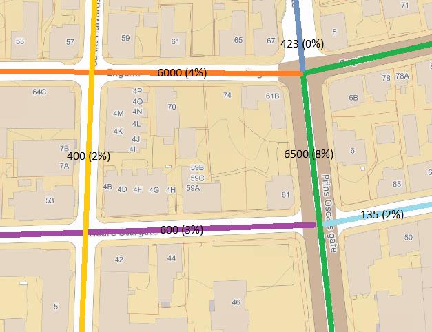 Side 7 av 15 2.3 Trafikkmengder Det er hentet inn trafikktall for Nedre Storgate og de omkringliggende vegene. Trafikktall med tungtrafikkandel er illustrert på bildet under.