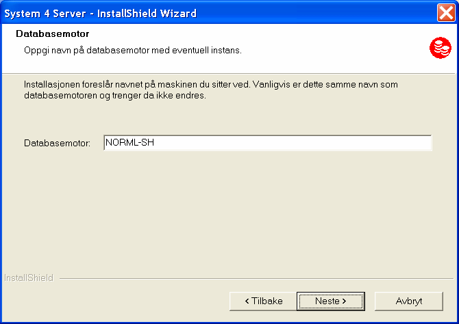 Du får frem dette vinduet ved installasjon mot MSDE: 8. Ved installasjon mot MSDE: Oppgi navnet på maskinen der databasen er installert etterfulgt av \ og instansnavn.