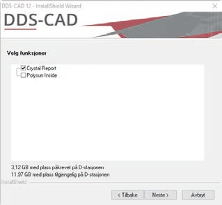 Velg installeringstype Fullstendig for en full installasjon av DDS-CAD: Hvis du velger installeringstype Tilpasset kan modulen Crystal Reports velges bort og modulen Polysun Inside legges til
