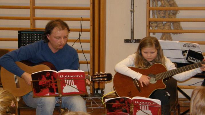 STRENGEINSTRUMENTA GITAR / BASSGITAR / EL-GITAR Det er 49 søkjarar til gitar. Undervisninga foregår i Syvde, Fiskå og Åheim. Lærar er Lucian Gradinaru, med fem års gitarutdanning frå Romania.