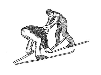 Hendene på hofta Ledsageren kjører foran i plogstilling. Utøver kjører bak med skia mellom ledsagerens ski, hendene på hans hofter. Hest og vogn Kontaktleddet er to slalåmstaur eller staver.
