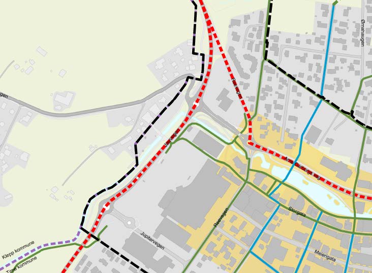 Figur 3.5: Utklipp fra temakart 9 i kommunedelplanen for Bryne sentrum «Ruter for myke trafikanter». «Effektive forbindelser for syklister» er vist som rød stiplet linje.