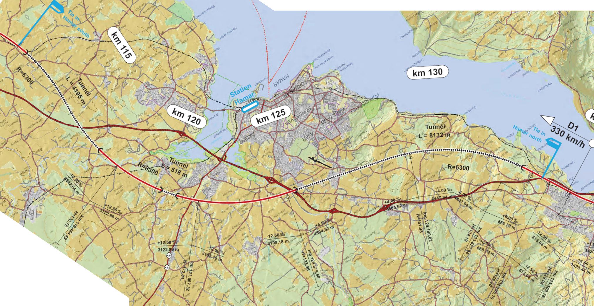 Hamar og Lillehammer (JBV) Jbv har planlagt banen utenom Hamar, og forutsatt at togene som skal stoppe på Hamar (alle!