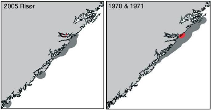Figur 2.2.3.2. Utbredelsesområde for fisk merket i Risør i to omganger. En noe større del av den merkede populasjonen beveger seg sørover og vestover enn nordover og østover. (Espeland et al. 2008).