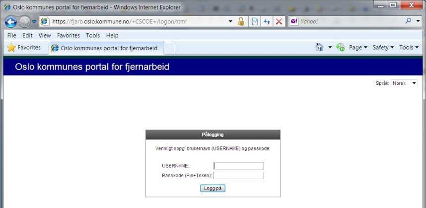 Pålogging med kodebrikke (Hardware-token) Gå inn på: https://fjarb.oslo.kommune.no Oppgi følgende informasjon: USERNAME: Påloggingsnavnet du bruker til vanlig (for eksempel UKExxx).