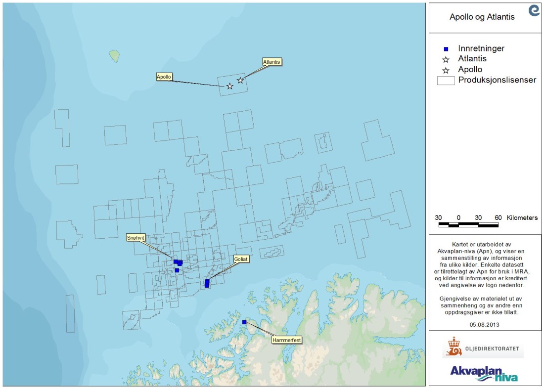Figur 3.1 Lokasjon for, samt letebrønnen Atlantis Tabell 3.1: Rettighetshavere på Atlantis Selskap Andel Statoil ASA 35 % ConocoPhillips Scandinavia AS 25 % OMV (Norge) AS 20 % Petoro 20 % 3.