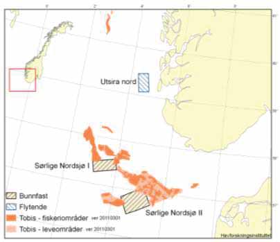 Figur 4.4. Utbredelsesområder (leveområder) og fiskefelt for tobis i Nordsjøen.