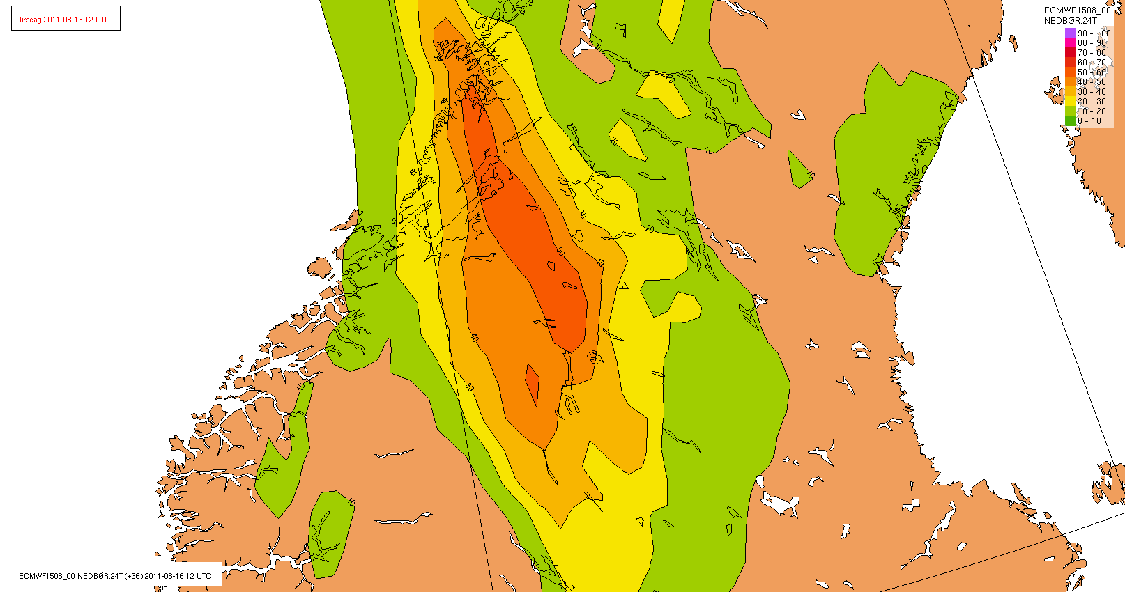 16 AUGUST 2011 (+36 timer) Unified Model (UM 4 KM ) (Observert: