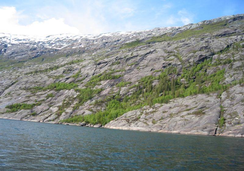 Sagelva sett fra Bardalsøya. Inntaksstedet ligger i forsenkningen bak det svarte feltet øverst til venstre i bildet.