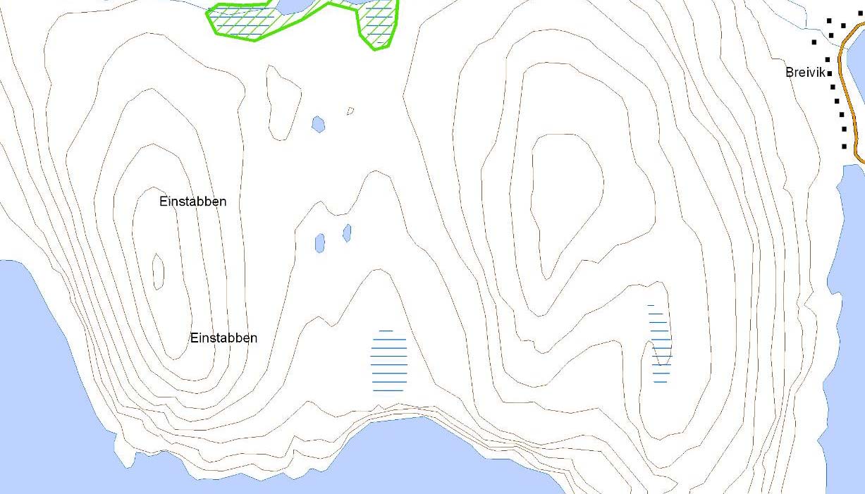 Prioritert viltområde 5002 Breivikvatna Verdisetting B viktig viltområde Høyde over havet (m) 110-113 UTM (WGS84) 34W 539982 7833358