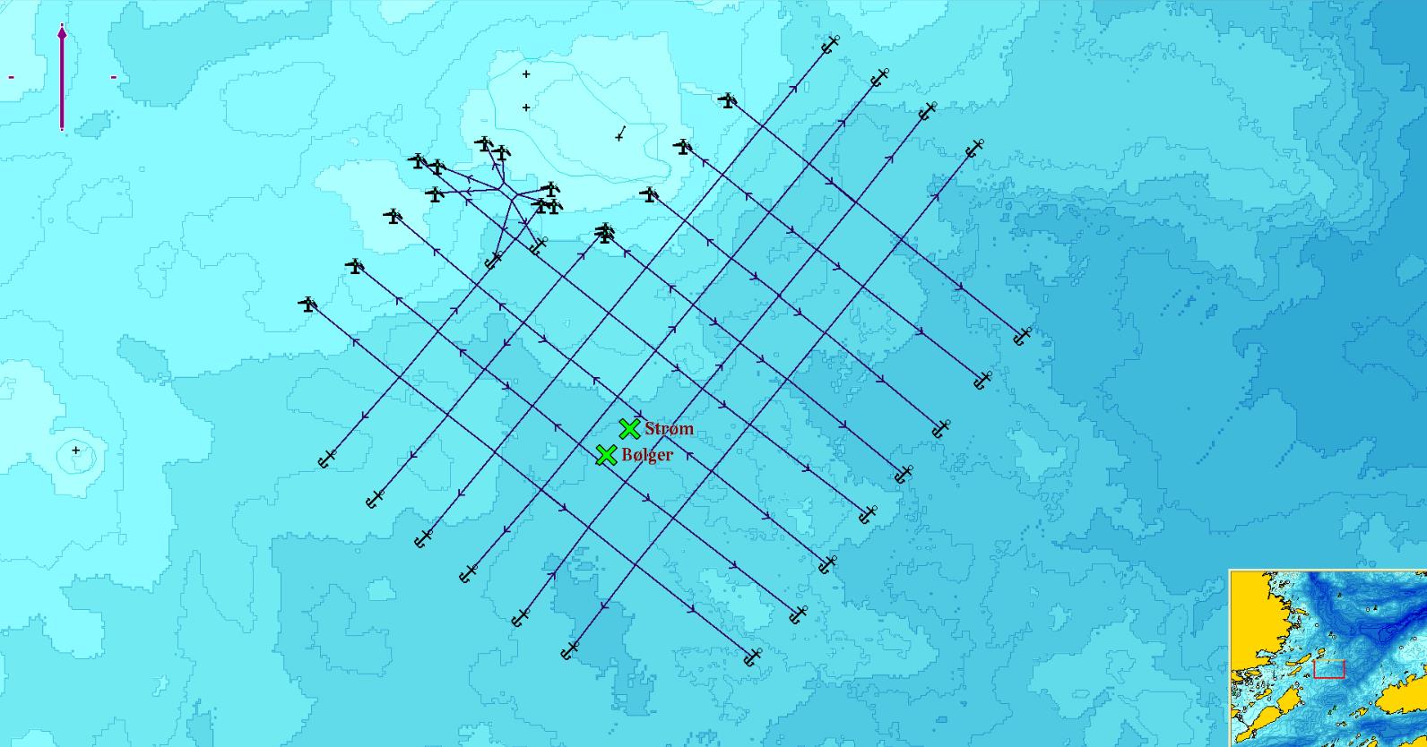 Figur 2.1.2: Planlagt lokalitet med anleggsramme og fortøyninger til matfiskanlegg og flåte ved Nørholmen. I nordvest ses Smøla. Kartkilde: Olex. Figur 2.1.3: Planlagt anleggsramme og flåte med fortøyninger ved Nørholmen, med måleposisjon for strøm- og bølgemåling.