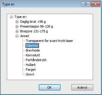 5. Velg kategorien med papirtyper som best beskriver papiret. 6. Velg alternativet for papirtypen du bruker, og klikk på OK.
