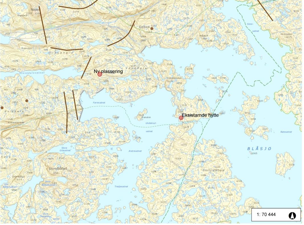 Kartet under syner plassering av eksisterande og nytt husvære. Trekkområde jamfør naturbasen (www.miljodirektoratet.