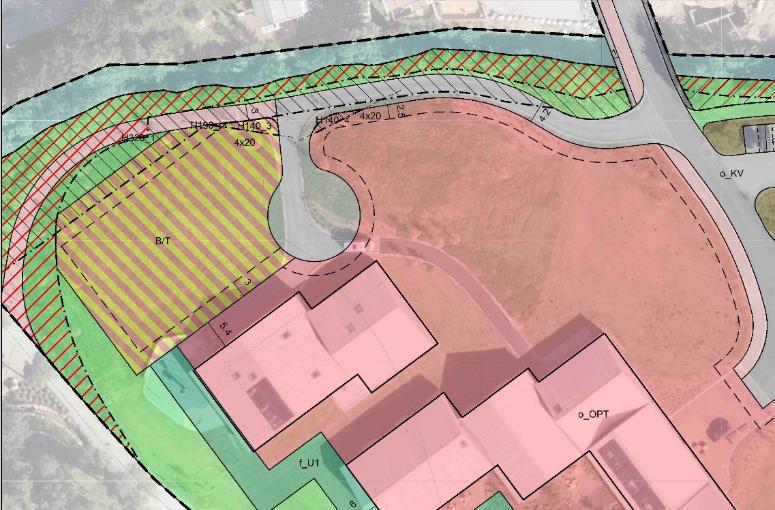 formålsgrensene nå tilpasses. B/T har derfor økt i areal nordover, mot gangstien, samt vestover i grøntområdet. Utvidelsen mot vest Figur 8: Forhold mellom planforslag og dagens situasjon. 5.2.